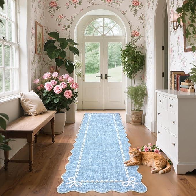 GarveeHome Scalloped Bow Rug for Living Room, Solid Blue Rug for Dorm, Washable Runner Rug 2.5x8 Soft Low Pile Non Slip Scalloped Rugs for Nursery Bedroom Decor Hallway Entryway Playroom