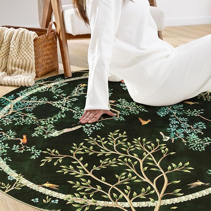 jinchan Yarden Christmas Round Rugs 7ft Moss Green Botanical Birds Print,Machine Washable 7' Circle Nature Plants Modern Soft Non-Slip Kids Throw Area Rugs, Low Pile Carpet for Living Room Bedroom