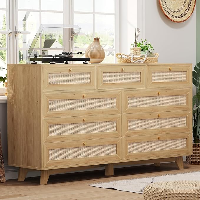AOGLLATI Rattan Dresser for Bedroom with 9 Drawer, Modern Wooden Long Bedroom Dresser, Chest of Drawers with Metal Handle & Solid Wood Legs for Bedroom/Living Room, Wood