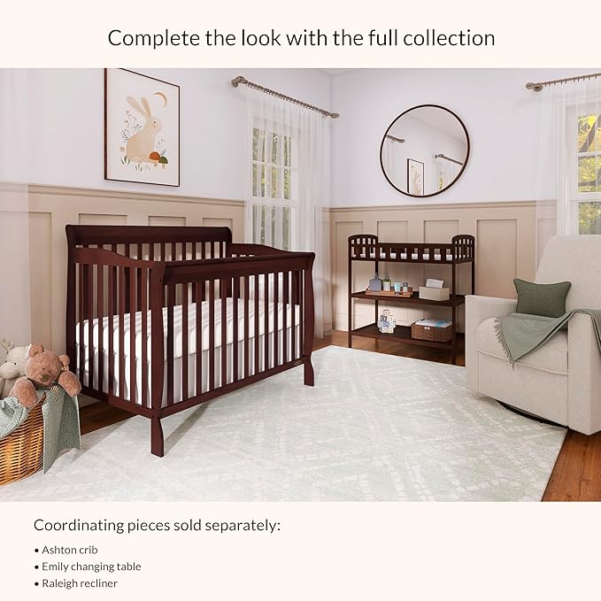 Dream On Me Emily Changing Table, Compact and Portable, Solid New Zealand Pinewood, Safety Rails, Two Storage Shelves, Includes Water-Resistant 1" Changing Pad — Espresso