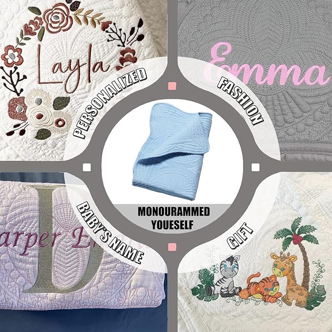 PEACELOVER Embossed Neutral Baby Quilt Durable, Lightweight Baby Blankets Four Seasons for Personlized Monogram Cotton Quilted Blanket Toddler Quilt for Boys and Girls 46x36 Inches (Baby Blue)