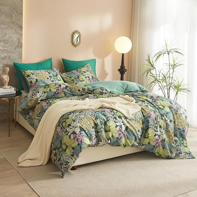 HighBuy Tropical Green Duvet Cover Queen Size Soft Cotton Leaves Bedding Set Queen Vintage Boho Flower Comforter Cover Garden Style Duvet Cover for Kids Girls with 2 Pillowcases Queen Bedding Sets
