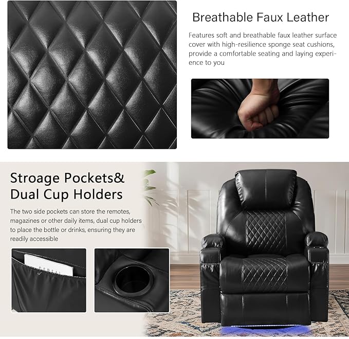 Power Swivel Rocker Recliner Chair with Massage and Heat/LED Lights/USB and Type-C Ports/Infinite Position/Cup Holder, Electric Glider Reclining Sofa for Nursery Living Room (2, Black)