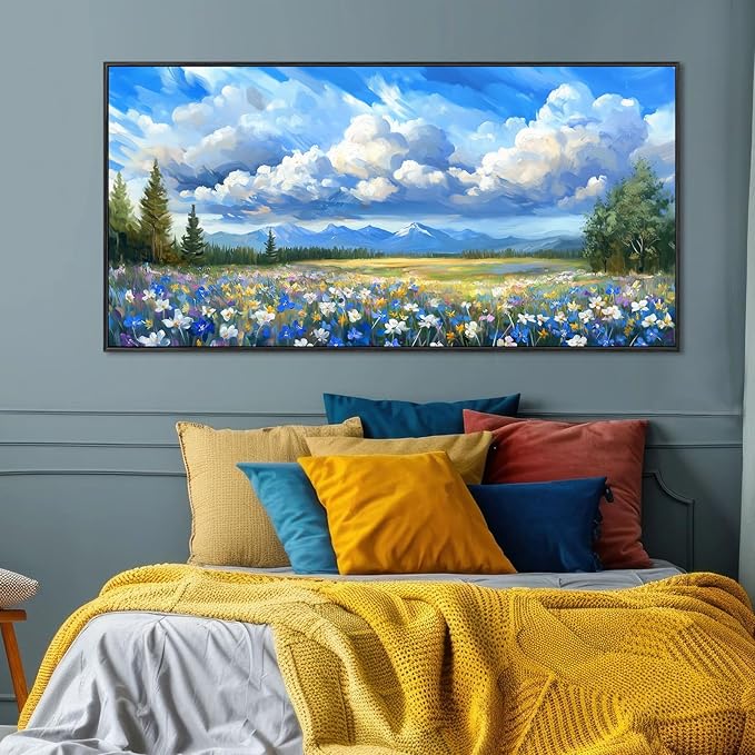 Framed Natural Landscape Wall Art for Living Room, Large Mountain Wildflower Canvas Artwork for Walls Decor, Farmhouse Nature Colorful Flower Paintings Prints for Bedroom Office Decoration 16"x30"