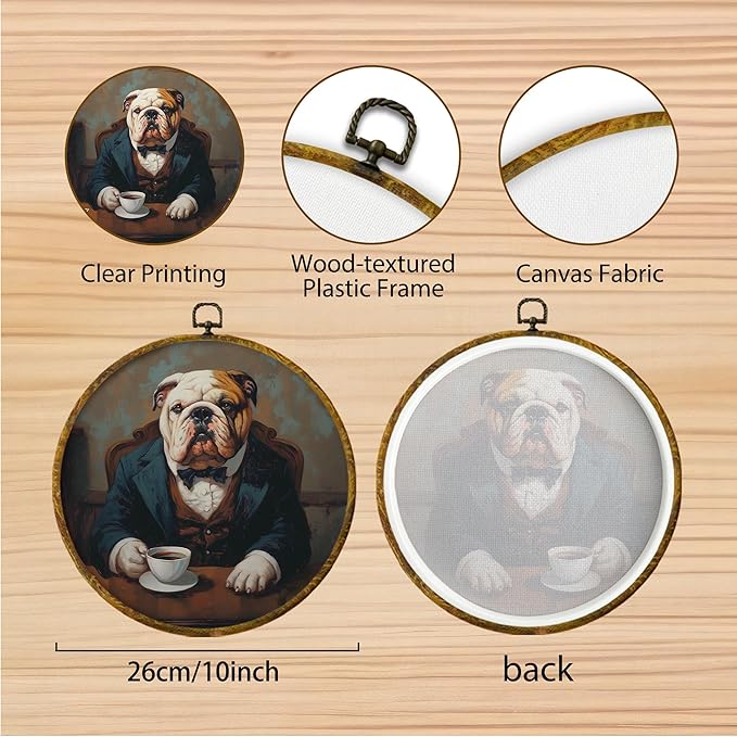 Hiuwevt Vintage Bulldog Coffee Round Wall Art Decor, Bulldog Gifts for Women Framed Canvas Prints, Funny Dog Coffee Round Wall Hanging Decor for Kitchen Home Bedroom Decorations, 10x10 Inches