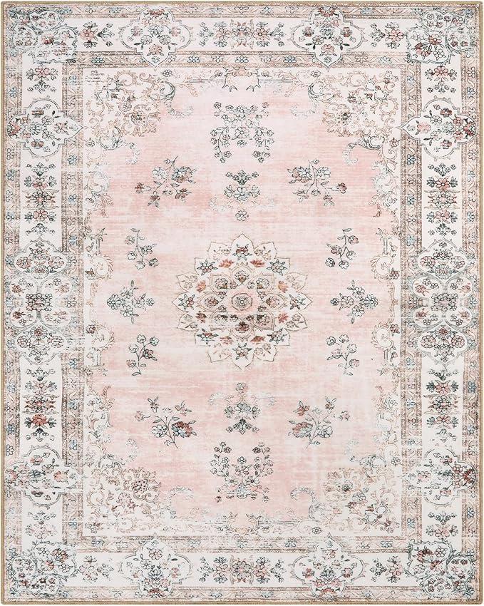 Lahome Washable 8x10 Living Room Rug, Soft Pink Floral Area Rugs for Girl Bedroom Dinning Room Office, Non-Slip Stain Resistant Lightweight Foldable Carpet for Fall Winter Home Decor