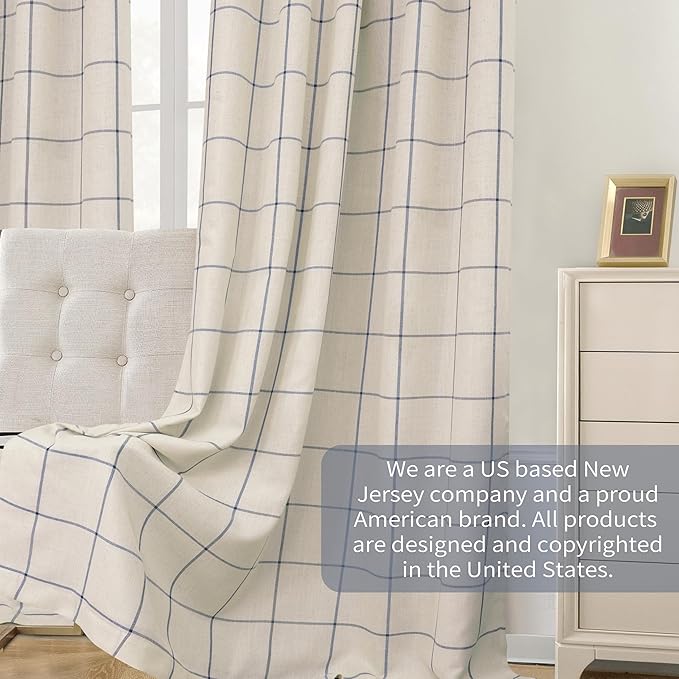 DriftAway 2 Panels 100% Blackout Windowpane Plaid Linen Curtains Double Layer Drapes for Bedroom 96 Inches Long Farmhouse Thermal Insulated 3.25 Inch Rod Pocket Back Tab for Living Room Navy Blue