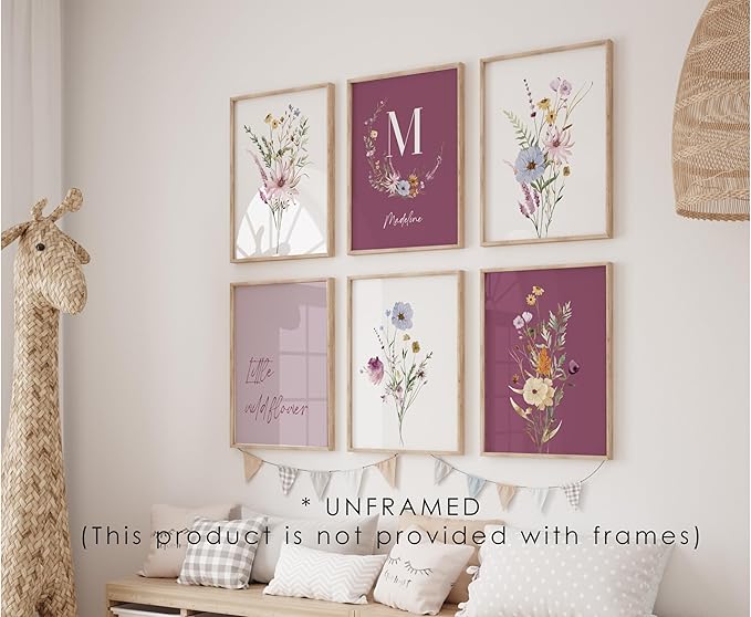 Personalized Name Flower Nursery Wall Art Prints, Crib & Nursery dรฉcor, Newborn Baby Girl Gift Present, Floral Baby Girl Room Pictures, Poster For Baby And Kids (6 Prints, Flower 6)