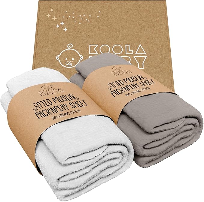 Pack and Play Sheets Fitted - Portable Mini Crib Mattress Sheet for Boys & Girls - Soft Muslin Cotton Playard Sheets - Play Yard Mattress Cover - Fits Most Pack n Play - Safe and Snug for Baby 2 Pack