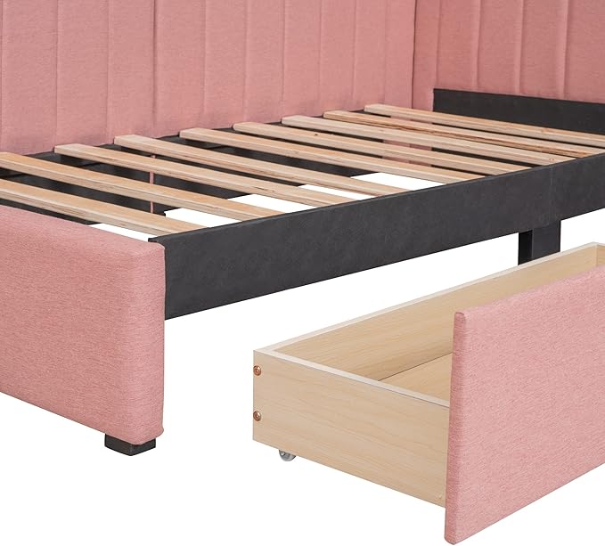 Harper & Bright Designs Upholstered Daybed with 2 Storage Drawers Twin Size Sofa Bed Frame No Box Spring Needed, Linen Fabric (Pink)