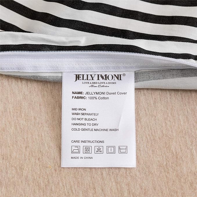 JELLYMONI 100% Natural Cotton 3pcs Striped Duvet Cover Sets,White Duvet Cover with Black Stripes Pattern Printed Comforter Cover,with Zipper Closure & Corner Ties(Full Size)