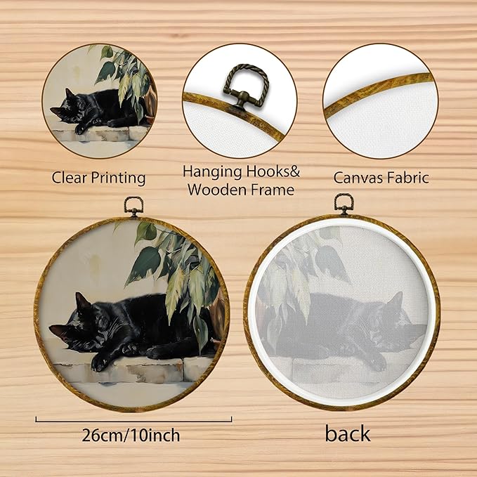 Hiuwevt Vintage Black Cat Round Wall Art Decor, Black Cat Lovers Mom Gifts Framed Canvas Prints, Retro Antique Cottagecore Round Wall Hanging Decor for Home Living Room Decorations, 10x10 Inches