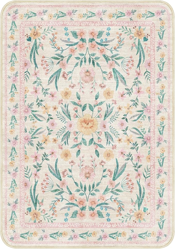 Pink Boho Rug 5x8 with Rounded Corners – Washable Floral Pastel Non-Slip Area Rug for Nursery, Girls Bedroom, Kids Room, Living Room, Playroom, Dorm Decor