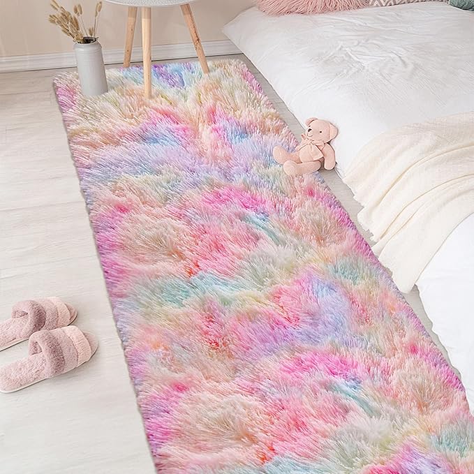 Shaggy Unicorn Rugs for Girls Bedroom Colorful Rainbow Rug for Girls Room 2x8 Runner Rugs for Hallway Living Room Long Plush Fluffy Rug Non Slip Fuzzy Carpet for Kids Room Kawaii Decor
