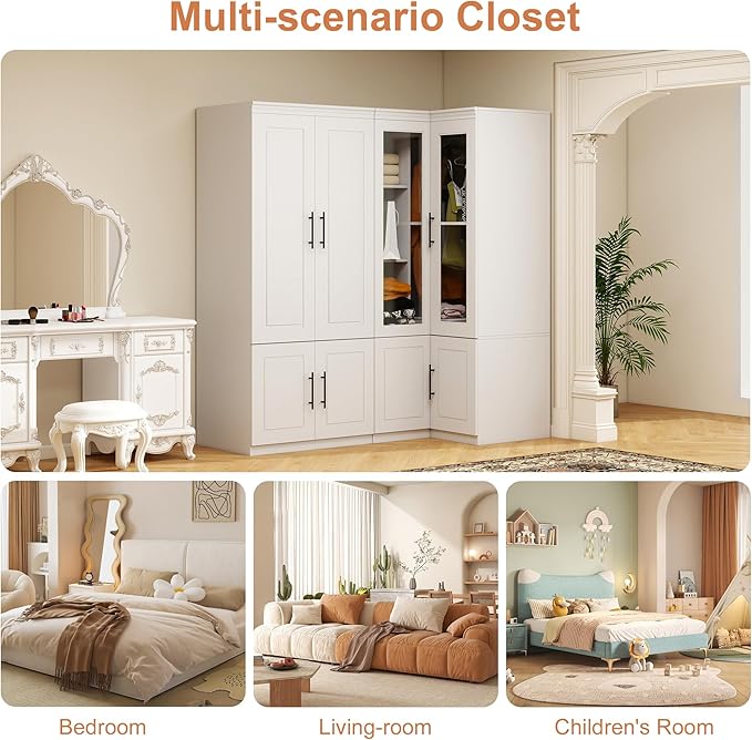 Armoire Wardrobe Closet with 4 Door: Wood Wardrobe Closet Transparent Door Wooden Combination Cabinet Bedroom Armoire with Hanging Rods for Home/Bedroom/Living Room