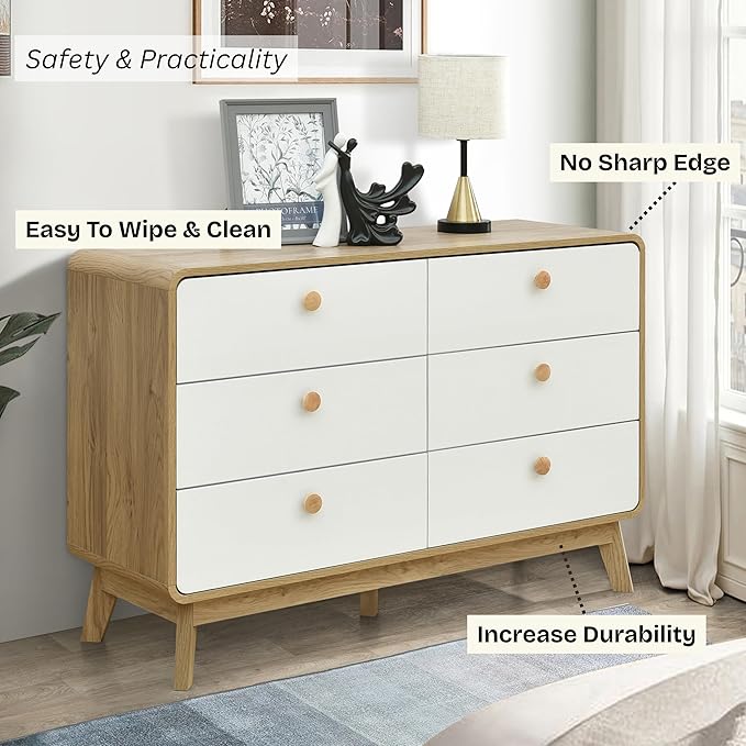 ELISA HOME Aries 6 Drawer Dresser for Bedroom, 47.3″ W Perfect for organizing Clothes, linens, or Accessories., Ideal for The Bedroom, Hallway, Nursery, or Living Room, Oak/White