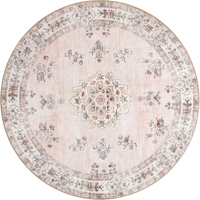 Lahome Washable Pink Round Rug 6ft, Soft Europe Vintage 6x6 Circle Rug for Nursery Girls Bedroom,Non-Slip Floral Pastel Circular Carpet for Living Room Corner Floor Home Office Decor
