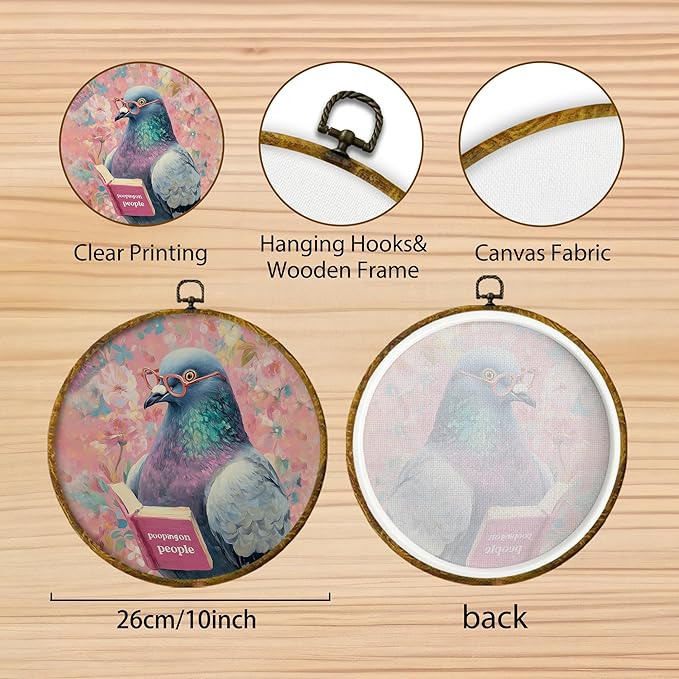 Hiuwevt Vintage Pigeon Round Wall Art Decor, Cheeky Humorous Bird Framed Canvas Prints, Funny Trendy Bird Round Wall Hanging Decor for Bathroom Restroom Washroom Toilet Decorations, 10x10 Inches