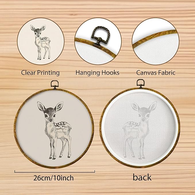 Hiuwevt Vintage Deer Round Wall Art Decor, Cottagecore Deer Framed Canvas Prints, Retro Rustic Wild Animal Farmhouse Round Wall Hanging Decor for Home Nursery Kids Bedroom Decorations, 10x10 Inches