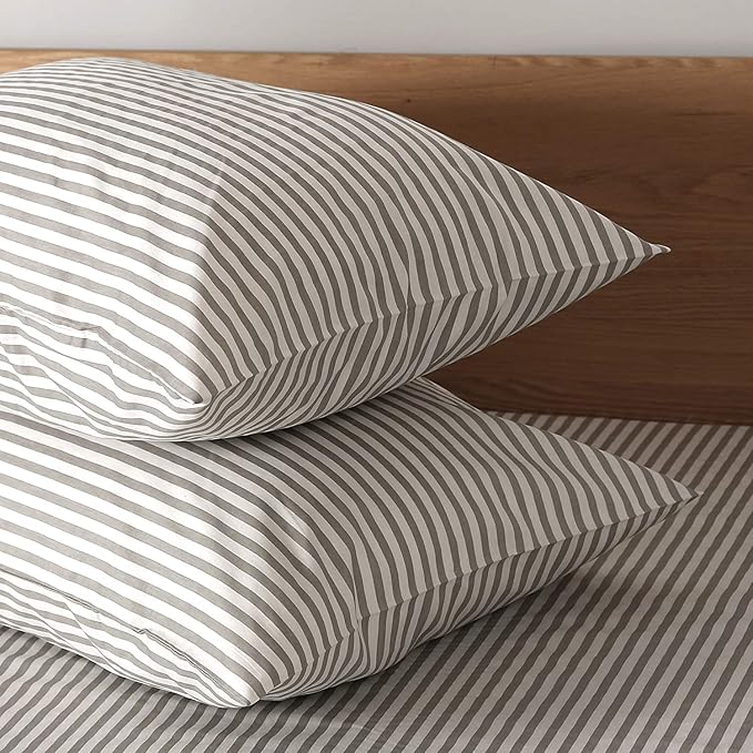 JELLYMONI Duvet Cover, 100% Natural Cotton, Printed Comforter Cover with Zipper Closure and Corner Ties (Over Queen 98×98 Inch, White Duvet Cover Set with Grey Stripes Pattern)