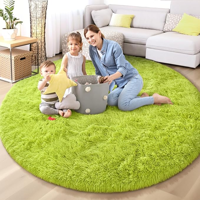EVOIONOS Green Grass Round Rug for Living Room, 6x6 Ft Fluffy Soft Circle Area Rugs for Bedroom, Plush Shaggy Circular Carpet for Indoor Floor Bedside Kids Nursery, Home Decor Aesthetic