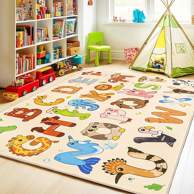Kids Rugs for Playroom, 3x4 Feet Educational Rug for Learn The ABC Alphabet, Soft Machine Washable Non-Slip Cute Animal Carpet for Classroom Toddler Nursery Kids Room Decor Mat, Beige