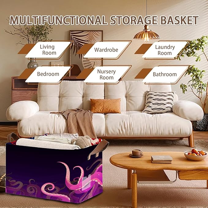 Ocean Life Storage Basket Large 17x11.5x10.5 Inche-Collapsible Fabric Organizer Bin with Handles for Beach House, Kids Room, Marine Theme-Decorative Hamper with Sea Creature Tentacle-Single Pack