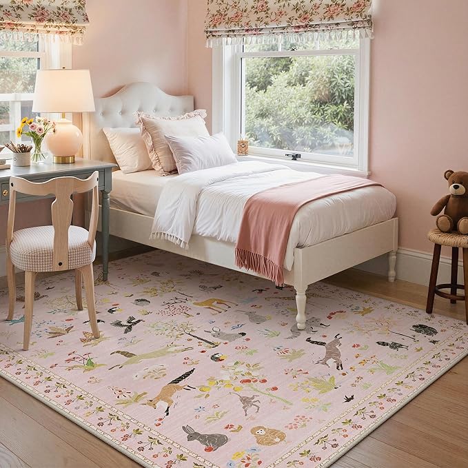 Rugs for Living Room 5x7 Floral Animal Print Area Rug Machine Washable Rug, Non Slip Low Pile Girl Room Carpet for Bedroom, Entryway, Nursery, Pink