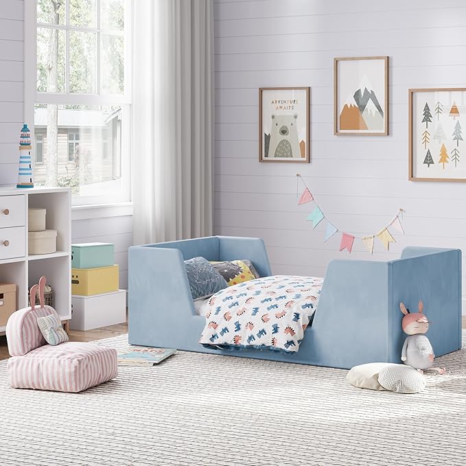 Toddler Bed, Toddler Floor Bed Frame with Guard Rails, Kids Bed for Ages 2-6 Years Kids Girls and Boys, Standard Crib Mattress Toddler Beds, Certified Fabric (Blue)