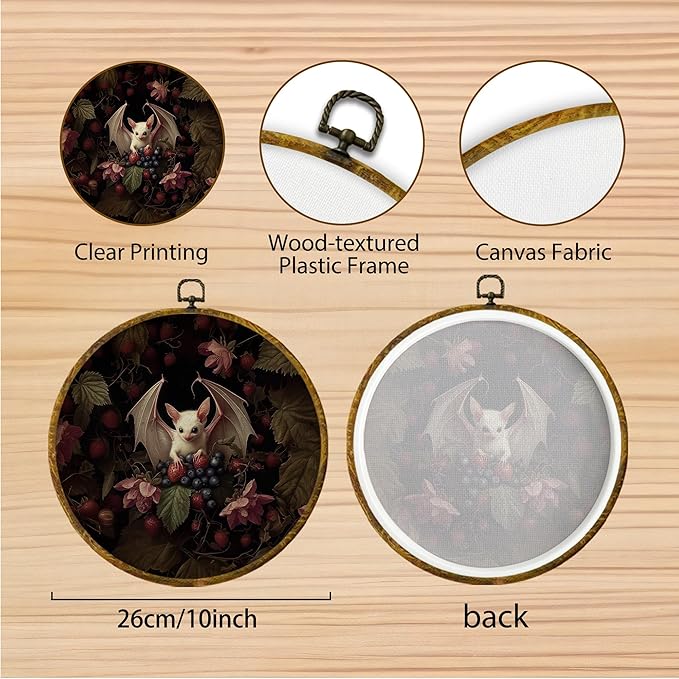Hiuwevt Vintage Witchy Moody Goth Bat Round Wall Art Decor, Dark Academia Framed Canvas Prints, Gothic Bat Fruit Botanical Round Wall Hanging Decor for Bedroom Home Decorations, 10x10 Inches