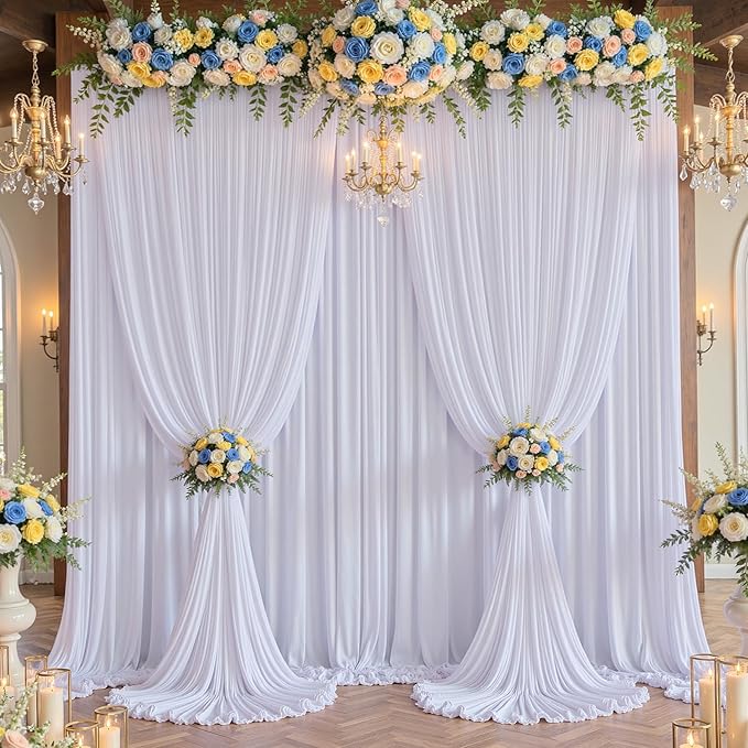 10×14 ft Wrinkle Free White Backdrop Curtain for Wedding Parties, 2 Panels 5×14ft Height Silky Polyester Photo Backdrop Drapes for Parties Birthday Baby Shower Photography Background Cloth