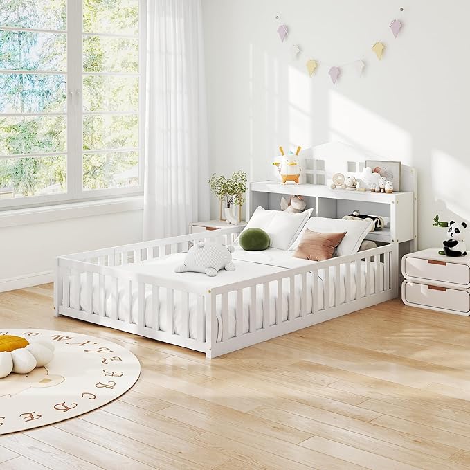 mikibama Full Floor Bed for Kids, Wooden Montessori Bed Frame with Headboard Bookcase, Storage Shelves & Safety Fence Rails, Kids Floor Bed Frame with Door for Girls, Boys, White