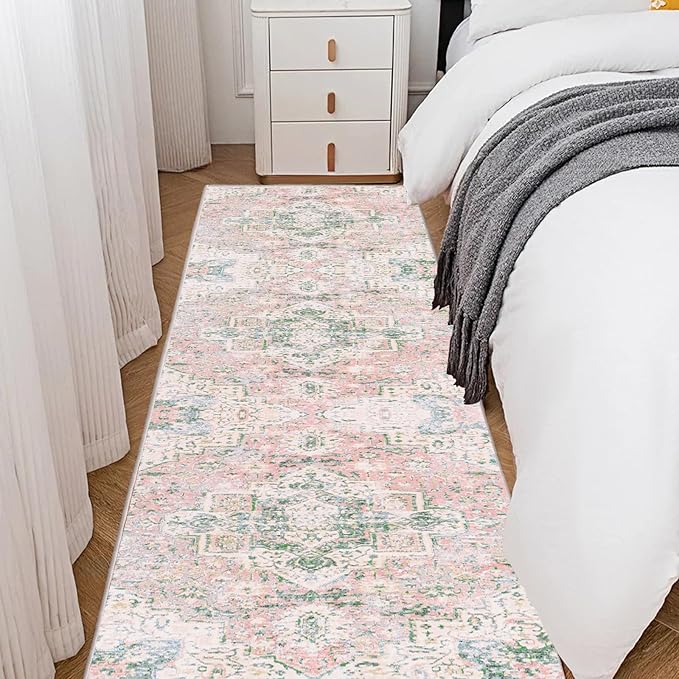 Washable Runner Rug 2x8 for Kitchen Bathroom Hallway Bedroom Entryway Laundry, Soft Non Slip Long Mat Indoor, Boho Floor Runners Low Pile Light Pink and Green