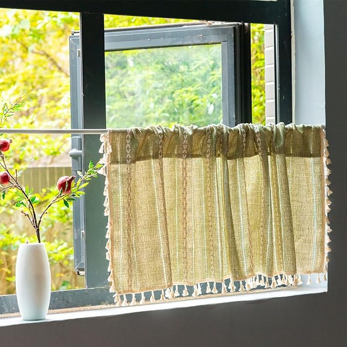 Deeprove Green Boho Curtain Valance for Cafe Kitchen Closet Doorway Decor, Sheer Bohemian Farmhouse Cotton Linen Short Panel French Tassel Trim Country Window Treatments Panel, W52 x L18, 1 Piece