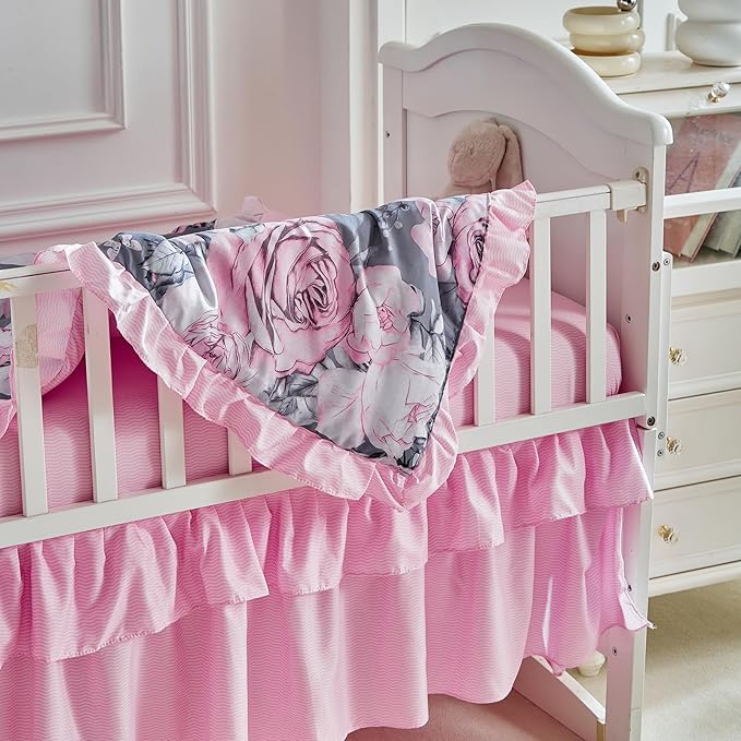 3 Pieces Flowers Mini Crib Bedding Set Baby Ruffled Quilted Comforter with Fitted Sheet and Bed Skirt - Cute Ruffled Shabby Chic Baby Bedding Soft Gray Pink Rose Floral Design