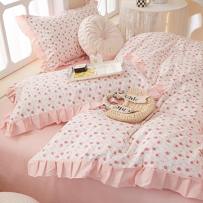 Ruffle Duvet Cover Queen Cute Red Flower Printed Lace Comforter Cover 100% Cotton Floral Duvet Cover Reversible Pink Striped Ruffle Comforter Cover Teen Girls Romantic Princess Bedding Sets Queen
