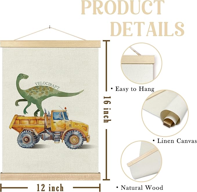 BCUANGD Dinosaur and Construction Truck Wall Decor - Dinosaur Dino Poster Hanger with Wood Frames Set of 2, Baby Car Vehicles Wall Hanging Canvas Decor for Kids Room Nursery Playroom, 12x16 Inches
