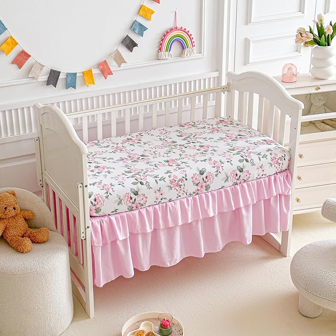 3 Pieces Pink Rose Flowers Mini Crib Bedding Set Baby Ruffled Quilted Comforter with Fitted Sheet and Bed Skirt - Cute Ruffled Shabby Chic Baby Girls Bedding Soft Blanket Floral Design