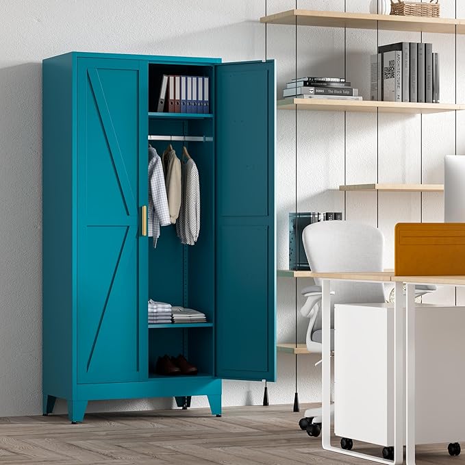 71'' Farmhouse Metal Wardrobe Cabinet with Hanging Rod, 2 Barn Door Wardrobe Closet with 2 Adjustable Shelves,for Dining Room,Bedroom,Living Room, Cloak Room,Office (Peacock Blue)