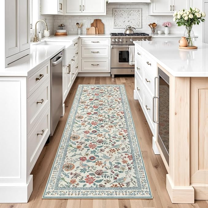 Blue Floral Runner Rug, 2x6 Washable Rug Runners for Hallways Non-Slip, Soft Low Pile Flower Birds Long Bathroom Mat Botanical Throw Carpet for Kitchen Laundry Entryway Porch