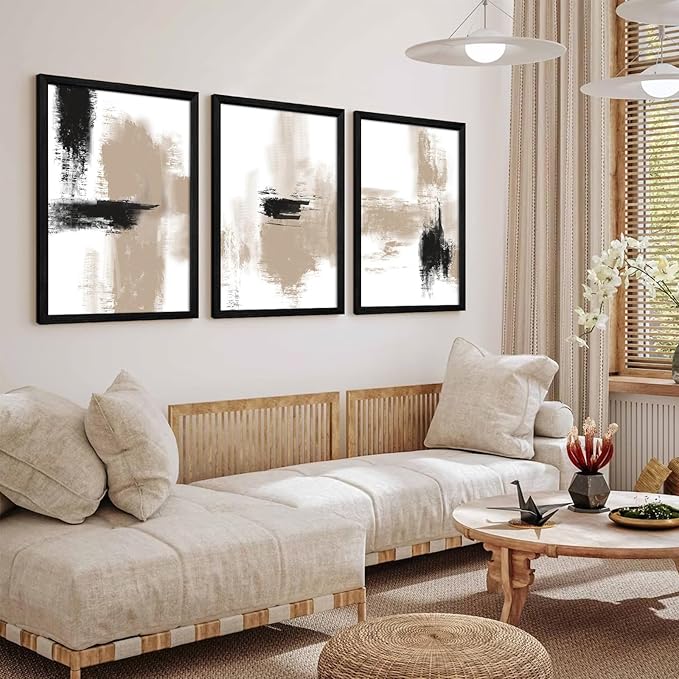 Beige Abstract Wall Art Painting Set of 3 Neutral Canvas Wall Art Prints Black Beige Modern Wall Decor Minimalist Art Pictures Abstract Modern Artwork for Room Bedroom 16x24 Inch Wood Framed