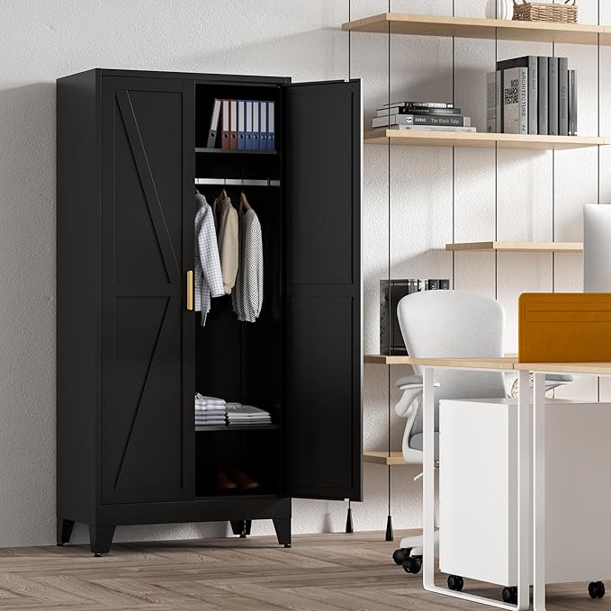 71'' Farmhouse Metal Wardrobe Cabinet with Hanging Rod, 2 Barn Door Wardrobe Closet with 2 Adjustable Shelves,for Dining Room,Bedroom,Living Room, Cloak Room,Office (Black)