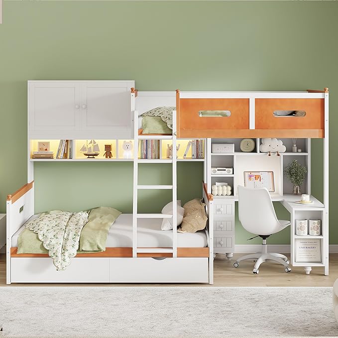 Twin Over Full Bunk Bed with Desk and Drawers, Wooden Bunk Bed with Shelves and Cabinet for Kids Teens Adult Bedroom, Space Saving Design