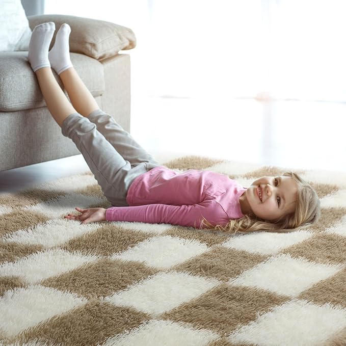 KICMOR Rugs for Living Room 7x10 Area Rug, Beige and Cream White Large Fluffy Shag Shaggy Fuzzy Checkered Bedroom Big Carpet, Soft Plush Rug for Kids Boys Girls Dorm Nursery Home Decor Aesthetic