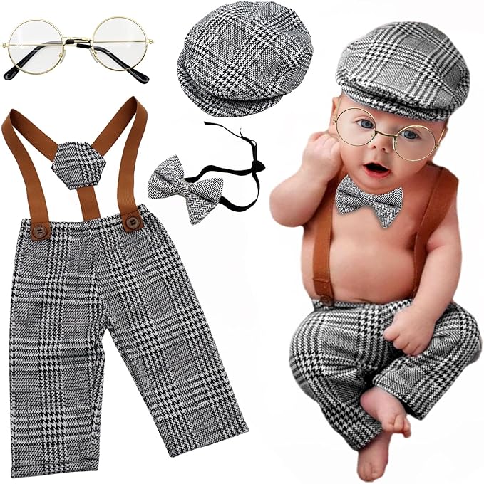 SPOKKI 4 Pcs Newborn Baby Photo Props, Lattice Rompers Suspender Pants with Beret Glasses Bow Tie for Infant Boys' Costumes, Newborn Boy Photography Outfit Set (Grey)