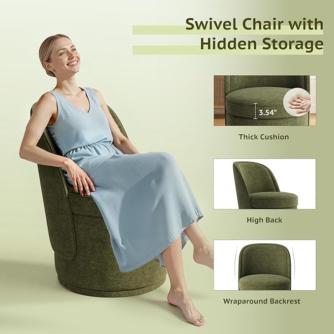Swivel Accent Chair Set of 2, 360° Swivel Round Chair with Hidden Storage, Modern Small Barrel Armchair for Living Room/Bedroom, Green