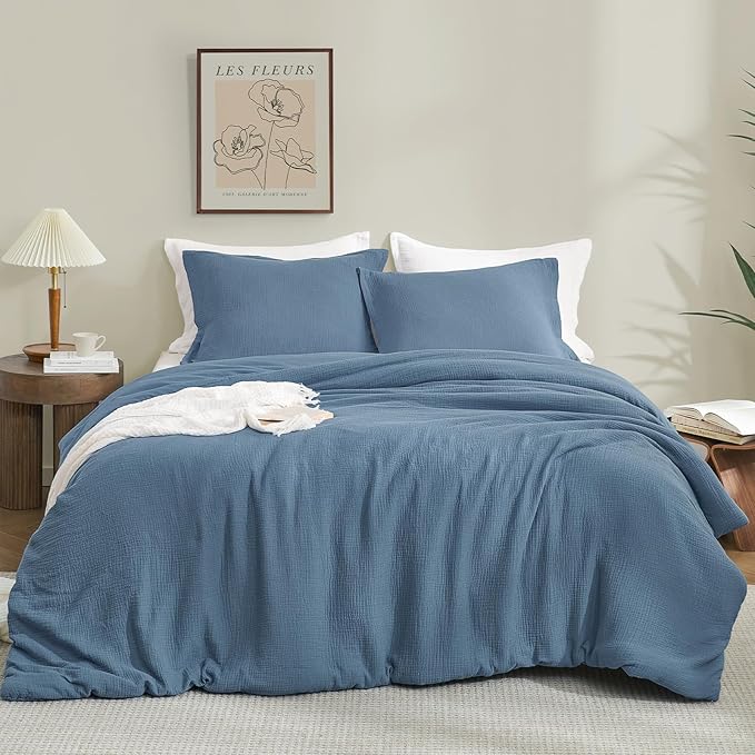 PHF Cotton Muslin Comforter Set King Size, Ultra Soft, Breathable & Lightweight All-Season, Filling: 100% Polyester, 3 Pieces with 1 Comforter 104"x90" and 2 Pillow Shams 20"x36", Captain's Blue