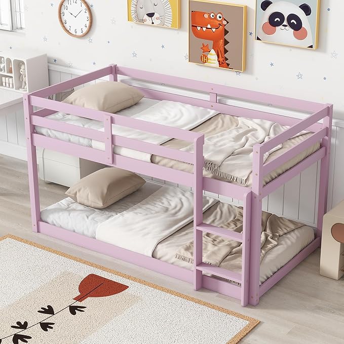 Bunk Bed Twin Over Twin, Wood Low Profile Floor Twin Bunk Beds with Ladder Guardrails for Kids Boys and Girls, No Box Spring Needed