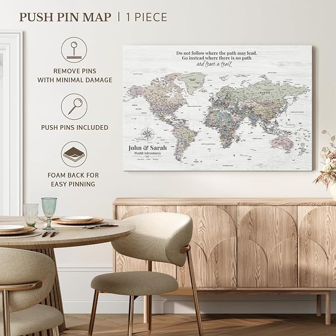 ElephantStock - Personalized Leave A Trail Iii Push Pin World Map Wall Art - Horizontal Canvas Wall Art - Living Room Wall Decor - Digital Art Map Canvas Art - White And Gray Decor - 24" x 16"