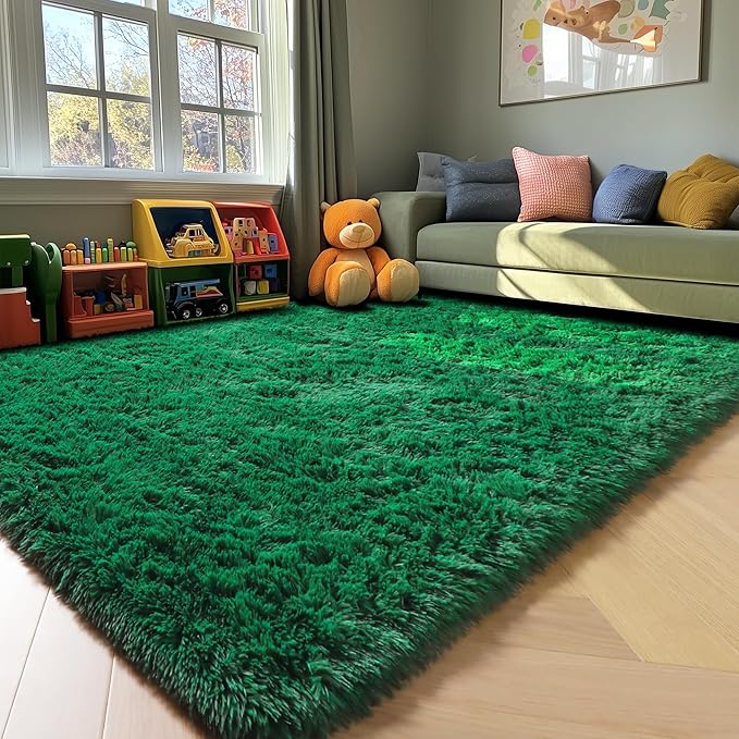 ONASAR Dark Green Area Rugs for Living Room Bedroom, 5x8 Fluffy Shaggy Large Rug, Indoor Washable Ultra Soft Plush Floor Carpets for Kids Boys Girls Teen Dorm Nursery Playroom Home Decor Aesthetic